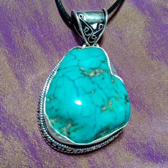Turqoise silver pendant handmade vintage style ethnic native gemstone aqua - Picture 3 of 5